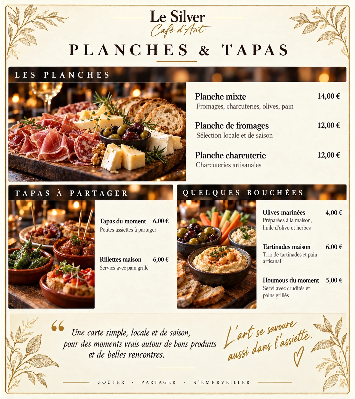 Carte Planches et tapas du Silver : planches, tapas, rillettes et bouchées, avec prix