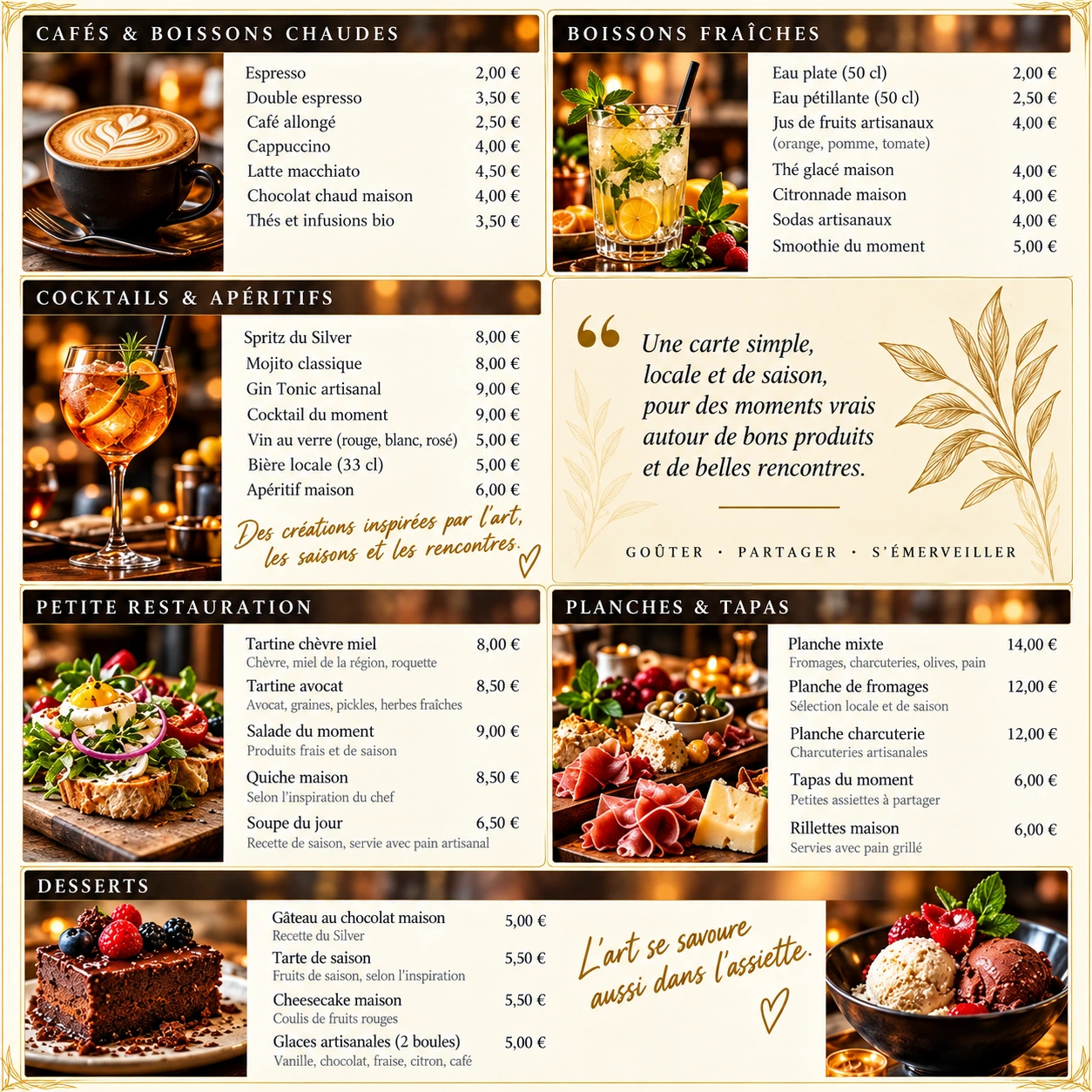 Carte complète du Silver : cafés, boissons fraîches, cocktails, petite restauration, planches et desserts, avec prix